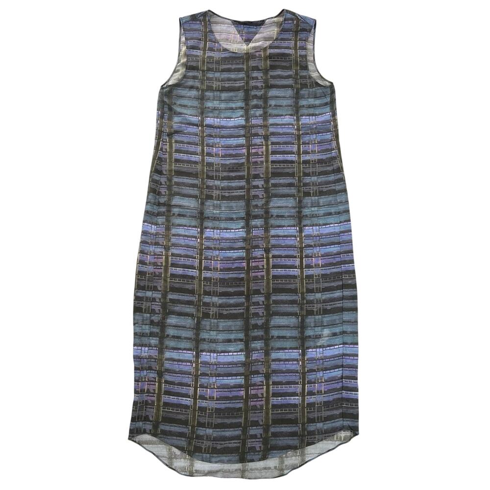 Theyskens Theory Sleeveless Silk Midi Dress Abstract Blue Purple Overlay - Small